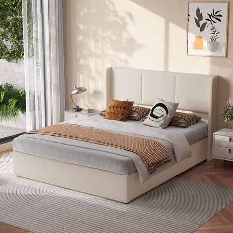 JOOKGBD-Lit coffre 160x200 cm en lin beige doux, lit double avec tête de lit capitonnée, rangement hydraulique, structure bois, sommier à lattes silencieux, design minimaliste (1/5)