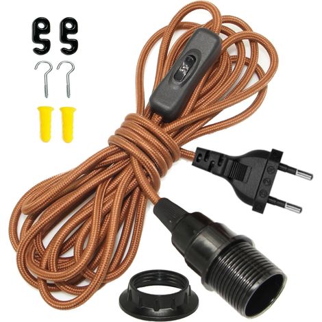 Douille E14 avec Interrupteur et Fiche, Bague de Fixation, Rallonge en Nylon Marron de 4,5 m, Suspension à Brancher, Câble pour Lampe de Sel Rechange, Cable Suspension Luminaire, pour Intérieur (1/5)