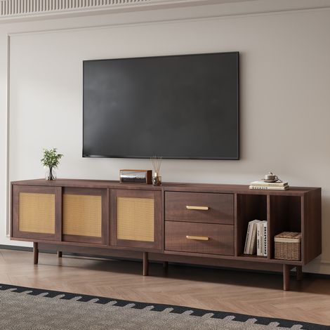 Meuble TV 190x40x52cm grande capacité 3 portes rotin 2 tiroirs et 6 pieds MDF brun