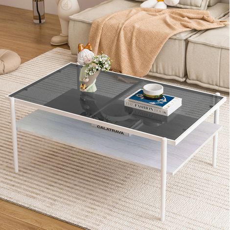 Mesa de centro fija 97,5x61,5x45 cm de vidrio templado gris blanco, almacenaje salón FloraGrace (1/5)