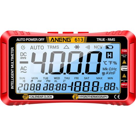 Multimètre 3 en 1 ANENG 613 : 4 000 points, calendrier perpétuel, thermomètre, hygromètre, testeur numérique de courant, tension, résistance et capacité (AC/DC) – Rouge (1/5)