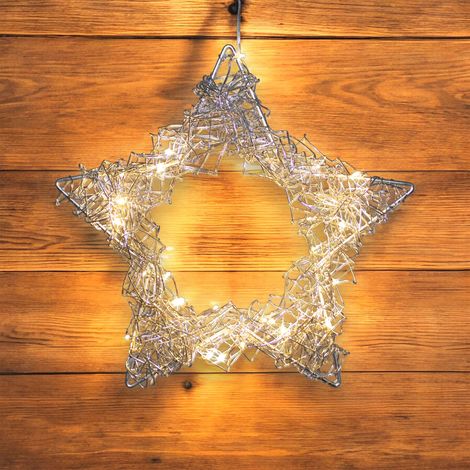LED Draht Stern zum Hängen 30cm - silber - Fenster Deko Weihnachten Advent 35 LED warm weiß mit Timer Batterie betrieben