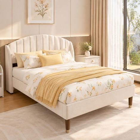 Lit double 140x190 cm, Lit adulte capitonné design moderne à oreilles avec sommier à lattes, tissu en velours, Beige (1/5)