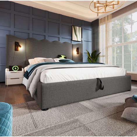 letto contenitore 160x200 con USB lampada lino grigio OKMYHOME (1/5)