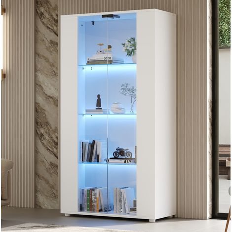 Vitrina blanca con 2 puertas de vidrio, 4 estantes y LED regulable 80 x 36 x 150 cm OKMYHOME (1/5)