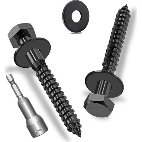 Lot de 12 vis à bois hexagonales M8 x 60 mm avec rondelles, vis hexagonales noires en acier inoxydable A2V2-DIN571, vis à clé avec rondelles et clé à douille (1/5)