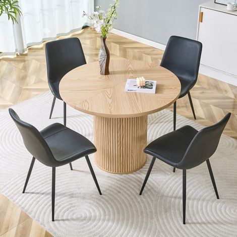 Juego de mesa redonda de 100 cm en MDF, 4 sillas en PU negro y efecto madera natural OKMYHOME (1/5)