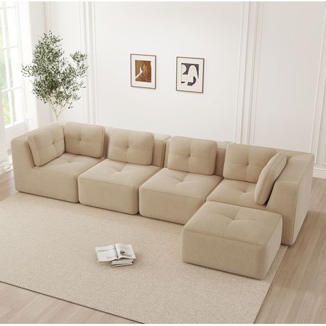Canapé d'angle modulaire 4 places beige en velours côtelé sans montage (1/5)