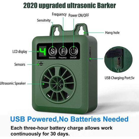 Dispositif Ultrasonique Anti-Aboiements avec Contrle Intelligent, Niveau de Sensibilité 4, USB Rechargeable, IP45, ABS Vert (1/4)