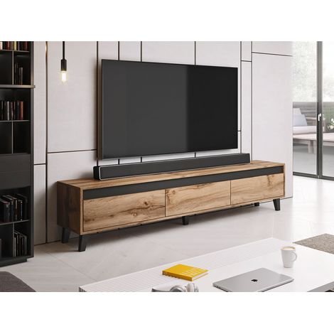 Bestmobilier – Meuble TV industriel effet bois noir 185 cm – 3 tiroirs avec système push-to-open – Résistant à l'humidité et aux rayures