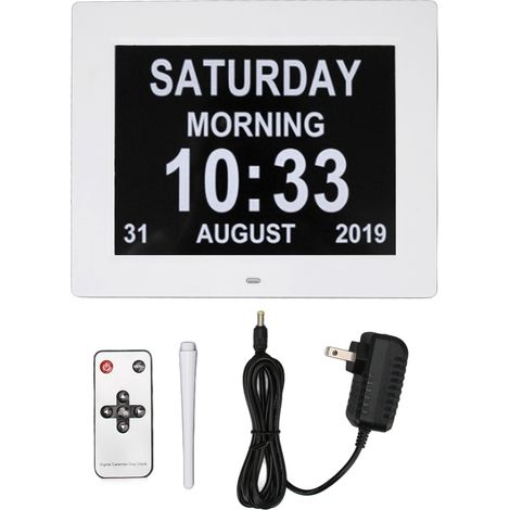 Digitale Kalenderuhr (10 Zoll), 8 Sprachen, einstellbare Helligkeit, elektronische Uhr für Senioren, 110–240 V, weiß, US-Stecker