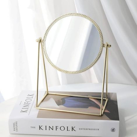 Miroir De Maquillage - Miroir De Courtoisie Rotatif 360° - Métal Doré Rond - Bureau Chambre À Coucher - 23,5 X 18,5 Cm (1/5)