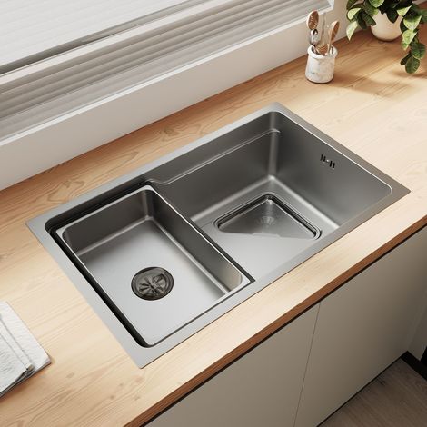 SIRHONA Évier 1 bac inox 304 nano argenté à bord étroit, finition 3D grains de riz, 70x43 cm, égouttoir et grille triangulaire inclus