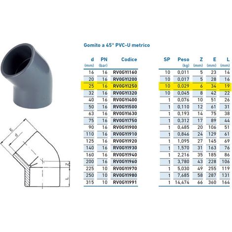 Gomito a 45° PVC-U metrico ø25 PN16 per incollaggio INPFGY125000 - - IRRITEC - -