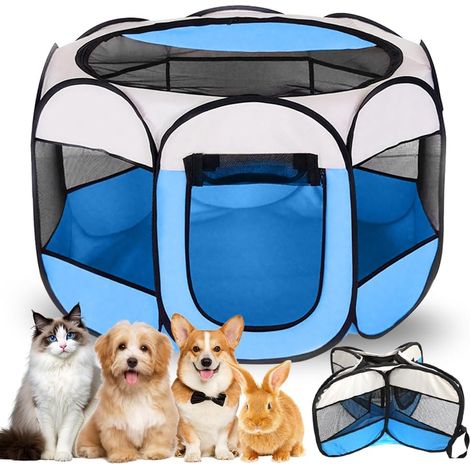 Enclos pliable pour chiots, chats, petits animaux, 74 x 74 x 43 cm, pour la maison, pour chiens, chats, lapins, intérieur et extérieur, bleu (1/5)