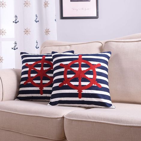 Housse de coussin à motif gouvernail, décoration nautique, coussin de canapé brodé pour chambre de bébé, lot de 2 pièces (45,7 cm x 45,7 cm, bleu marine/rouge)