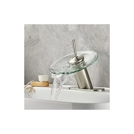 Robinet de lavabo cascade en laiton massif, mitigeur mono-levier en verre, douche froide et chaude pour évier salle de bain, finition nickel brossé (1/3)