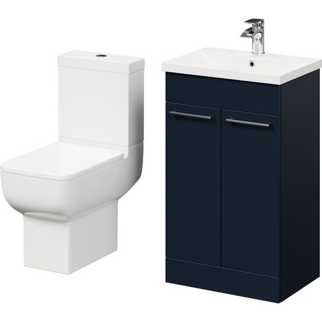 Wholesale Domestic Alessio Deep Blue 500mm Vanity Unit and Toilet Suite including Open Back Toilet and Floor Standing Vanity Unit with 2 Doors and Polished Chrome Handles (1/5)