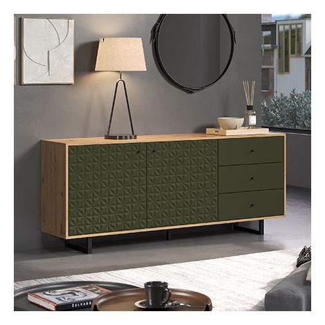 Buffet 2 portes 3 tiroirs chêne et vert – Dimensions 183 x 40 x 75 cm – Panneaux mélaminés et pieds métal – Rangement spacieux – Trendteam (1/6)
