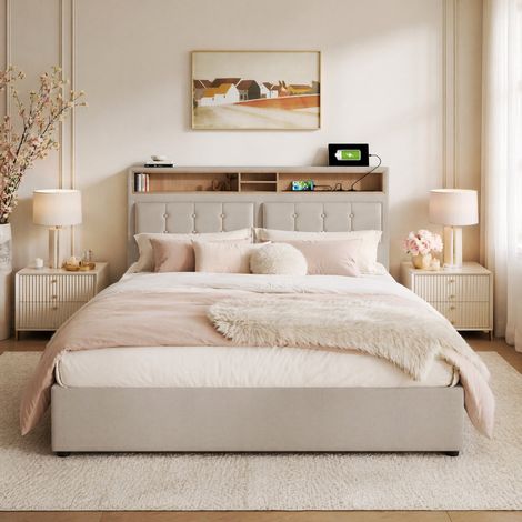DESMIU Lit Coffre 140 × 200 cm 2 Places avec Tête de Lit Réglable, USB, Type C et Prise, avec Matelas, en Lin, Beige (1/5)