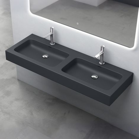 Mai & Mai Double Lavabo Suspendu Gris Noir Mat 141cm Vasque à Poser Pour 2 Évier Lave Mains Salle de Bain avec Trop-Plein Col830 (1/5)