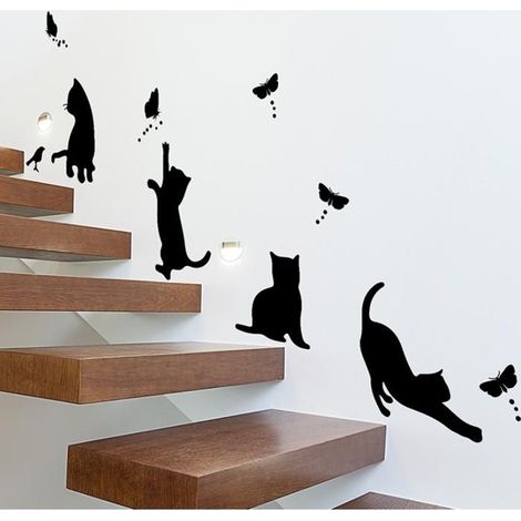 Chats Jouant Catching Butterflies Home Vinyl Wall Sticker Décor Decal Mural Kitchen Animaux Papier Peint décoration 2 ensembles (1/5)