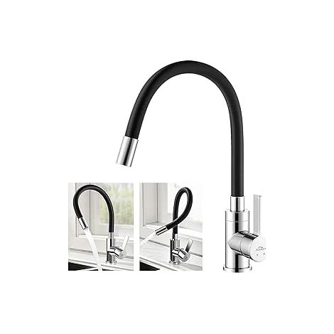 Mitigeur de lavabo noir et chrome. bec haut flexible. un trou. eau chaude et froide. robinetterie en laiton. finition brossée (1/3)