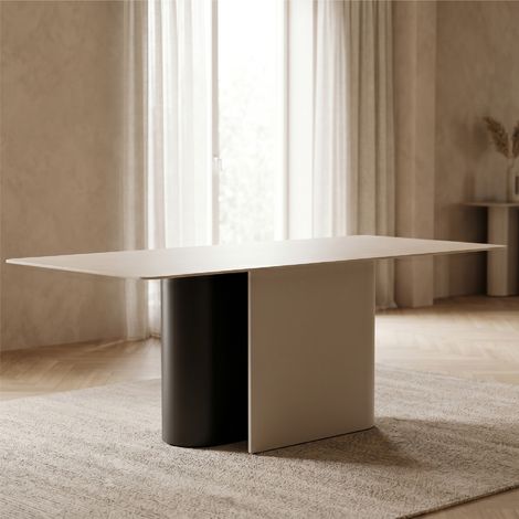 Mesa de comedor/cocina 180 x 90 cm QUARLES con tablero cerámico efecto piedra y estructura metálica en marrón y arena - MOG CASA (1/5)