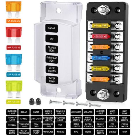 Bloc de fusibles 6 voies avec bus négatif, porte-fusible à lame 12 V, couvercle étanche, panneau de fusibles pour voitures, camions, camping-cars, fourgonnettes (1/5)