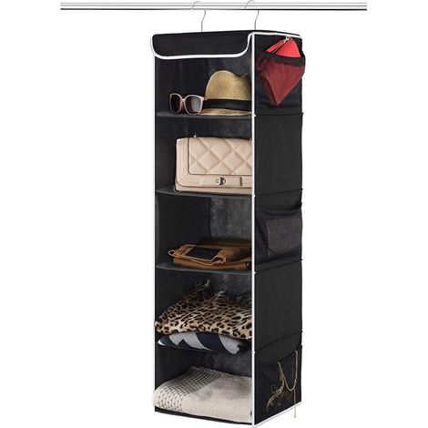 Hanging Storage Bag, 5 Compartment Fabric Storage Bag Storage Bag for Bedroom Bathroom Kitchen - Black (1/5)