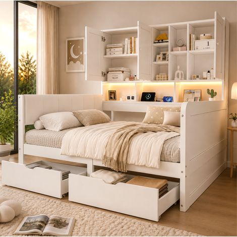 Cama infantil 140x200 cm con almacenamiento, LED, USB, cabecero de PU blanco OKMYHOME (1/5)