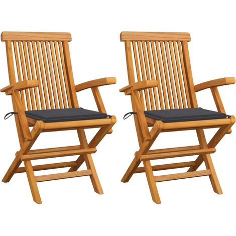 2 pcs Chaises de jardin avec coussins, Fauteuils Extérieur, Sièges confortable anthracites Bois de teck BGT23635 (1/5)