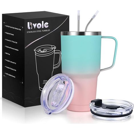 Isolierter Thermobecher 900ml mit Henkel und Strohhalm, Edelstahl, doppelwandig (1/5)
