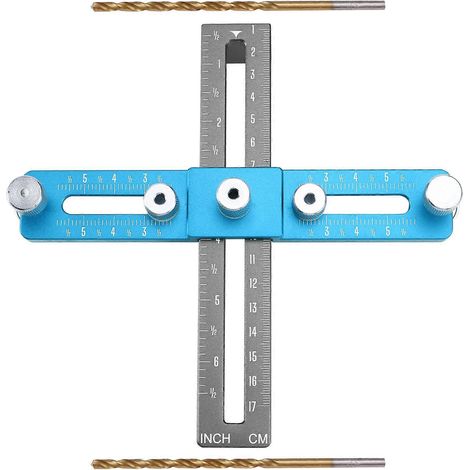 Griffpositionierungswerkzeug, Hilfsmittel zur Montage von Schubladen- und Schranktürgriffen, Bohrwerkzeug für die Holzbearbeitung, blau und grau. (1/5)