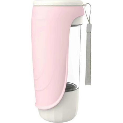 Zusammenfaltbare, auslaufsichere Hunde-Trinkflasche mit abnehmbarem Spender und Kunststoffnapf für Aktivitäten im Freien (rosa). (1/5)