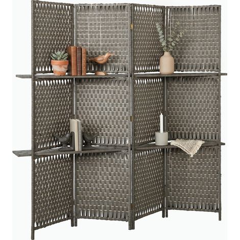 HOMCOM 4 Panel Folding Room Divider, Privacy Screen with Shelves, Grey (1/5)