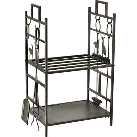 Soporte para leña con juego de chimenea de hierro forjado dorado-negro 51,5 x 33 x 77 cm (1/5)