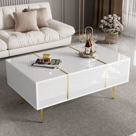 Couchtisch 100 cm, rechteckig, mit 2 Schubladen, glänzend, modern, Metallbeine, Wohnzimmertisch aus Holz – Weiß