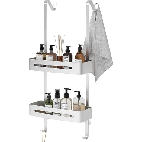 Mensola Doccia da Appendere, Portaoggetti per Doccia da Appendere con 4 ganci e 2 ventose, Senza Foratura per Porte Doccia, Acciaio Inox - Argento