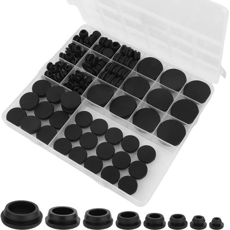 125pcs Boîtier de Bouchons en Caoutchouc Noir, Tailles Assorties de Bouchons Caoutchouc pour Trous Ronds Bouchon en Silicone Flexible et Étanche Adapté au Câblage Voiture et Aux Meubles (1/5)