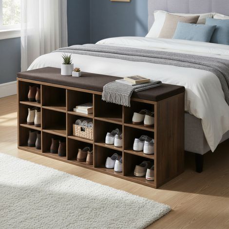 VASAGLE Banc à Chaussures, Meuble d’Entrée, Rangement Chaussures, Assise Rembourrée et 15 Compartiments, Étagère Porte-Chaussures, Capacité de Charge 200 kg, Marron Rustique et Marron
