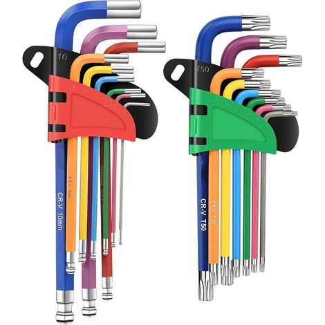 Jeu de 18 clés Allen, métriques à tête sphérique et hexagonale en étoile, avec Code Couleur, Tailles 1,5 mm à 10 mm, T10 à T50, pour Le Montage de Meubles, vélos et Motos. (1/5)