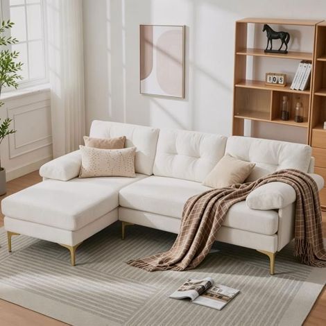 Canapé d'angle 187.5x130x79cm tissu chenille beige - Canapé Modulable - 3 places, angle réversible, pieds métal, confort (1/5)