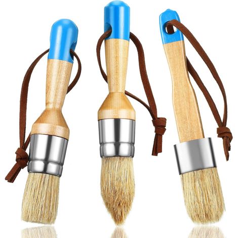 Lot de 3 pinceaux à craie et à cire, pinceaux à pochoir à poils pour meubles en bois et décoration intérieure, comprenant des pinceaux plats, pointus et ronds pour peinture à la craie (bleu) (1/5)