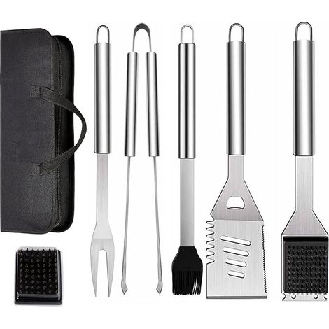 Ensemble de 6 outils de barbecue en acier inoxydable avec sac de rangement contenant une pelle, un clip et une fourchette, barbecue, cuisine, accessoires de camping en plein air (1/5)