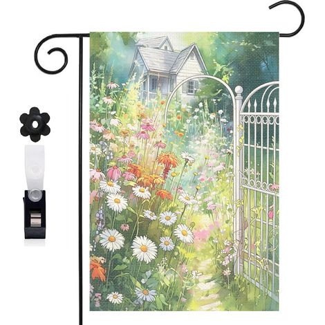 Bannière de cour clôture blanche et bouquet de fleurs printanières 30 x 45 cm décoration porche et maison (1/5)