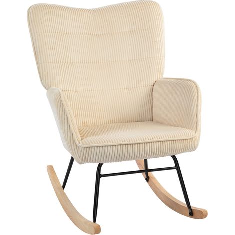 Schaukelstuhl, Schaukelsessel mit Kordoptik, Armlehne, Sessel mit Holzkufen, Relaxsessel für Wohnzimmer, Schlafzimmer, Beige