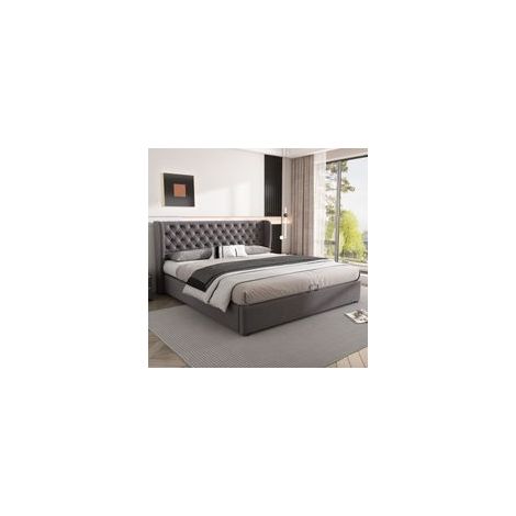 Lit coffre adulte capitonné 180 x 200 cm Tête de lit haute 99 cm Sommier à lattes inclus Velours gris résistant aux taches (1/5)