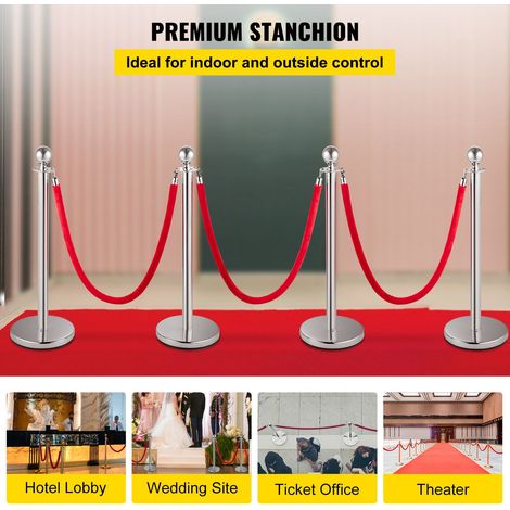 Lot de 4 bornes de contrôle foule argent tête ronde rétractables avec 2 cordes velours rouge 1.5 m pour file d'attente (1/5)