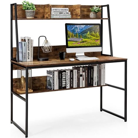 Costway – Bureau droit avec bibliothèque 120 x 55 cm – Étagères de rangement – Construction en bois d'ingénierie et fer – Design compact 57 x 120 x 140 cm (1/5)